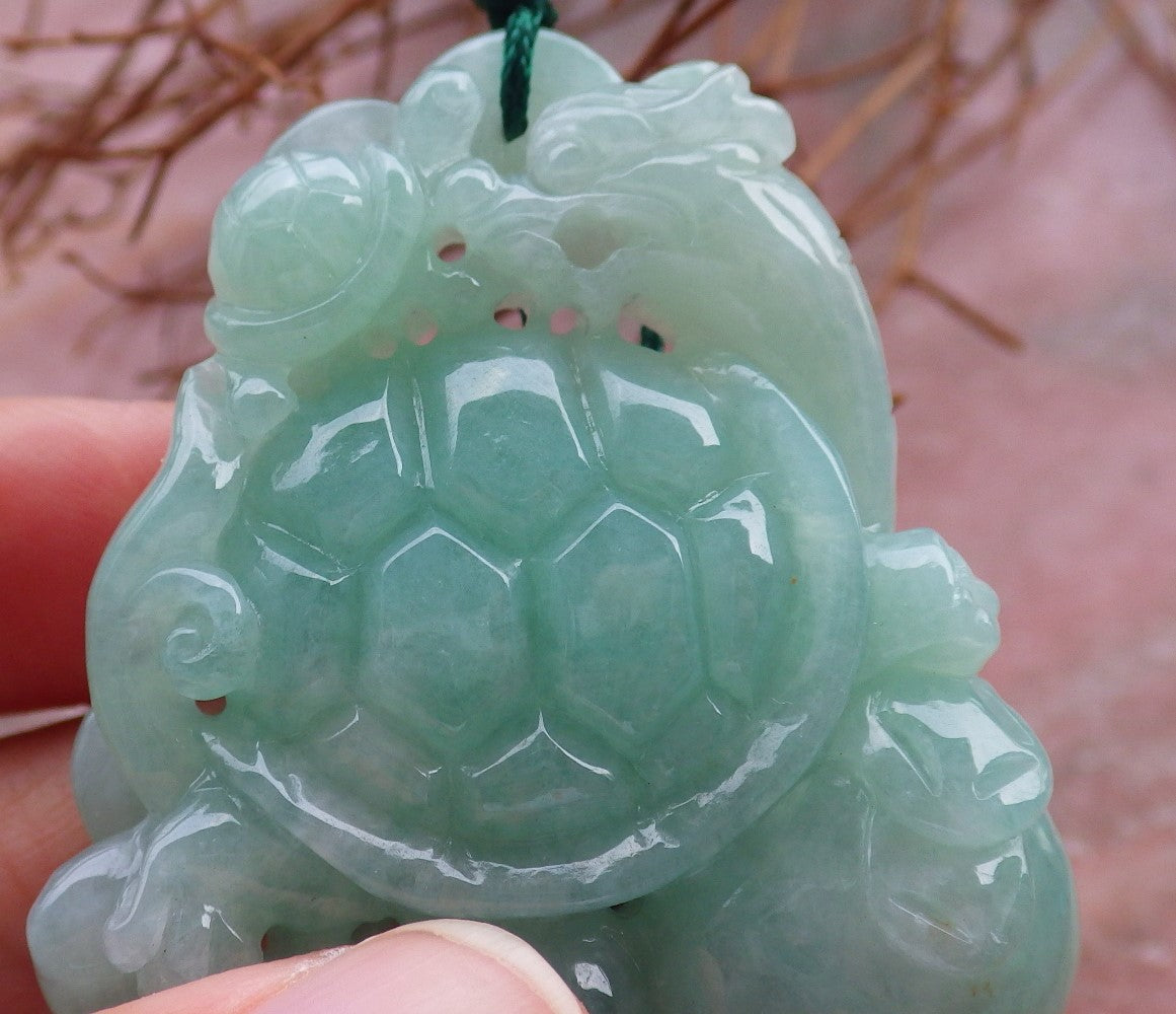 Certified Hand Carved Green 100% Natural Myanmar Burma A Jade Jadeite Dragon Turtle Ruyi Pendant Necklace