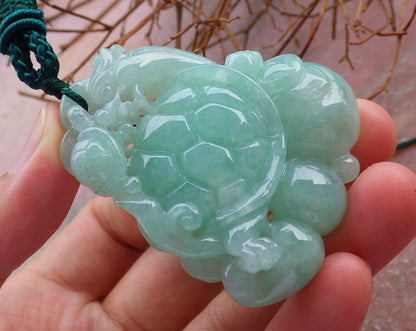 Certified Hand Carved Green 100% Natural Myanmar Burma A Jade Jadeite Dragon Turtle Ruyi Pendant Necklace