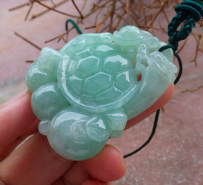 Certified Hand Carved Green 100% Natural Myanmar Burma A Jade Jadeite Dragon Turtle Ruyi Pendant Necklace