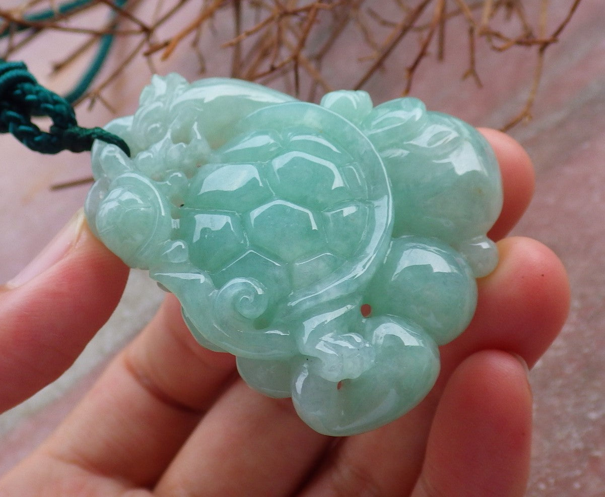 Certified Hand Carved Green 100% Natural Myanmar Burma A Jade Jadeite Dragon Turtle Ruyi Pendant Necklace