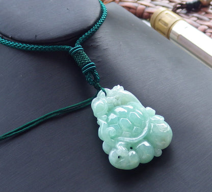 Certified Hand Carved Green 100% Natural Myanmar Burma A Jade Jadeite Dragon Turtle Ruyi Pendant Necklace