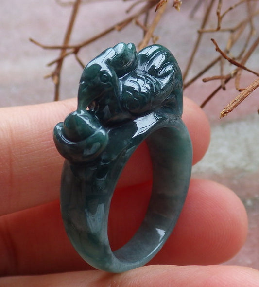 Certified Hand Carved Black Natural Myanmar Burma A JADE Jadeite Zodiac Rooster Phoenix Ring US 8.75