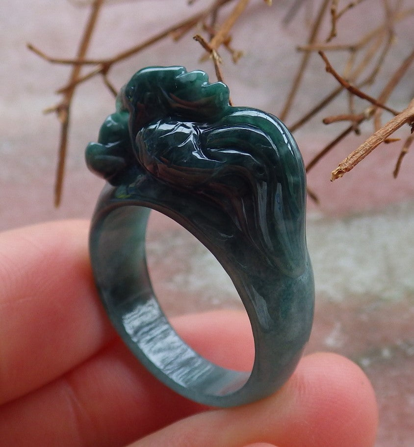 Certified Hand Carved Black Natural Myanmar Burma A JADE Jadeite Zodiac Rooster Phoenix Ring US 8.75