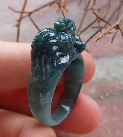 Certified Hand Carved Black Natural Myanmar Burma A JADE Jadeite Zodiac Rooster Phoenix Ring US 8.75