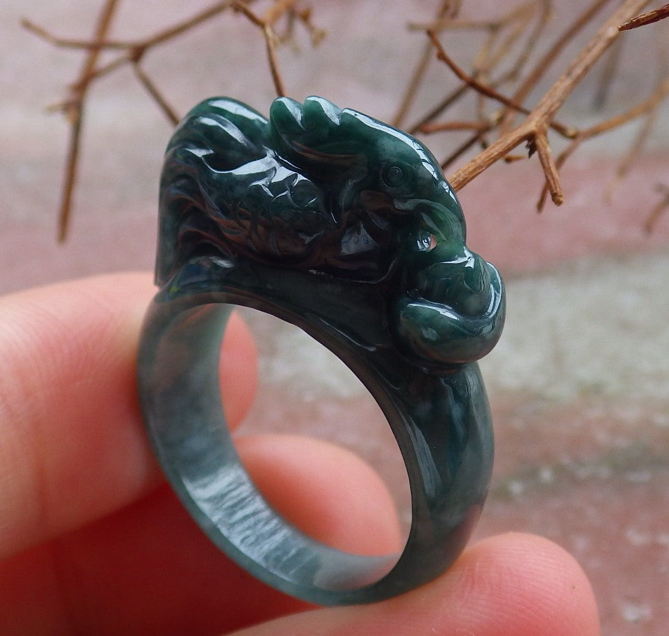 Certified Hand Carved Black Natural Myanmar Burma A JADE Jadeite Zodiac Rooster Phoenix Ring US 8.75