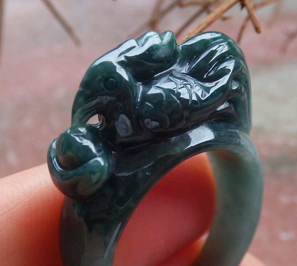 Certified Hand Carved Black Natural Myanmar Burma A JADE Jadeite Zodiac Rooster Phoenix Ring US 8.75