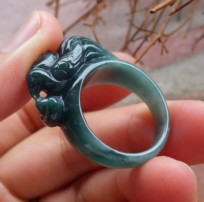 Certified Hand Carved Black Natural Myanmar Burma A JADE Jadeite Zodiac Rooster Phoenix Ring US 8.75