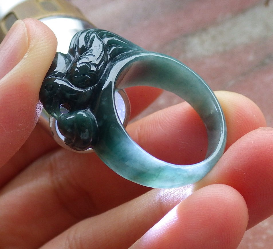 Certified Hand Carved Black Natural Myanmar Burma A JADE Jadeite Zodiac Rooster Phoenix Ring US 8.75