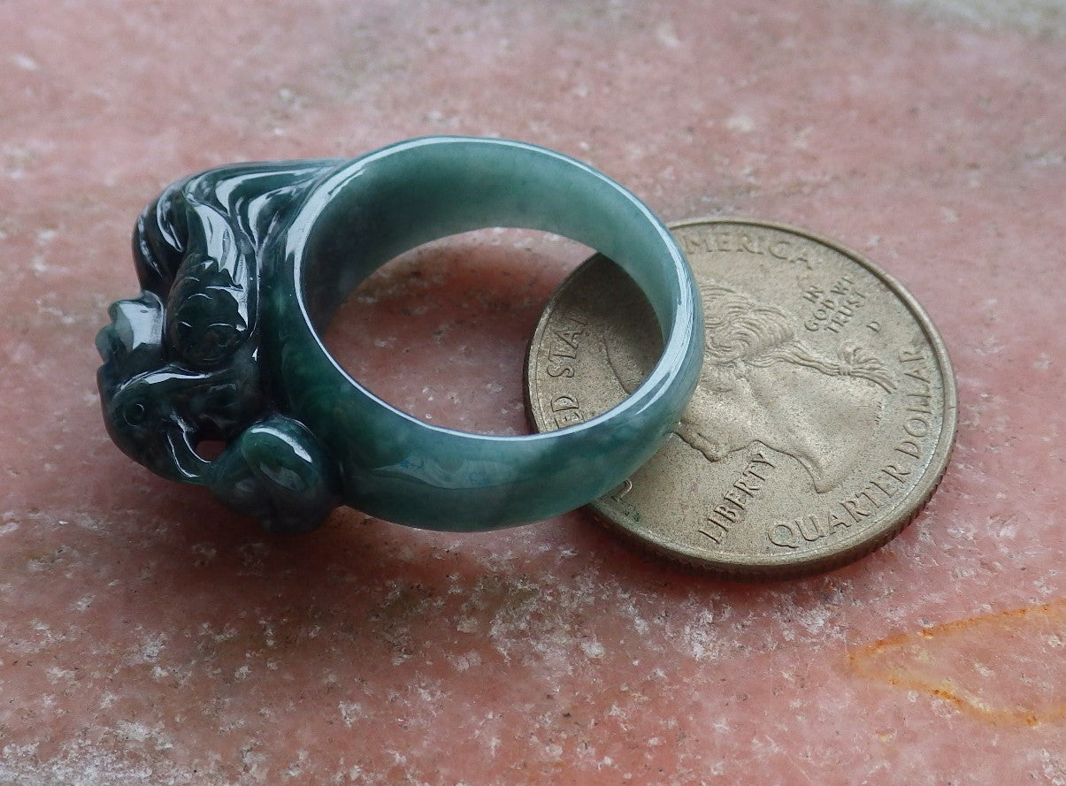 Certified Hand Carved Black Natural Myanmar Burma A JADE Jadeite Zodiac Rooster Phoenix Ring US 8.75