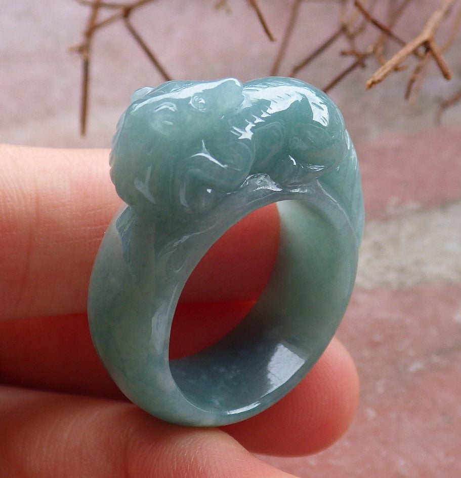 Certified Hand Carved Icy Green Natural Myanmar Burma A JADE Jadeite Zodiac Mouse Ring US 8.5