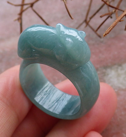 Certified Hand Carved Icy Green Natural Myanmar Burma A JADE Jadeite Zodiac Mouse Ring US 8.5