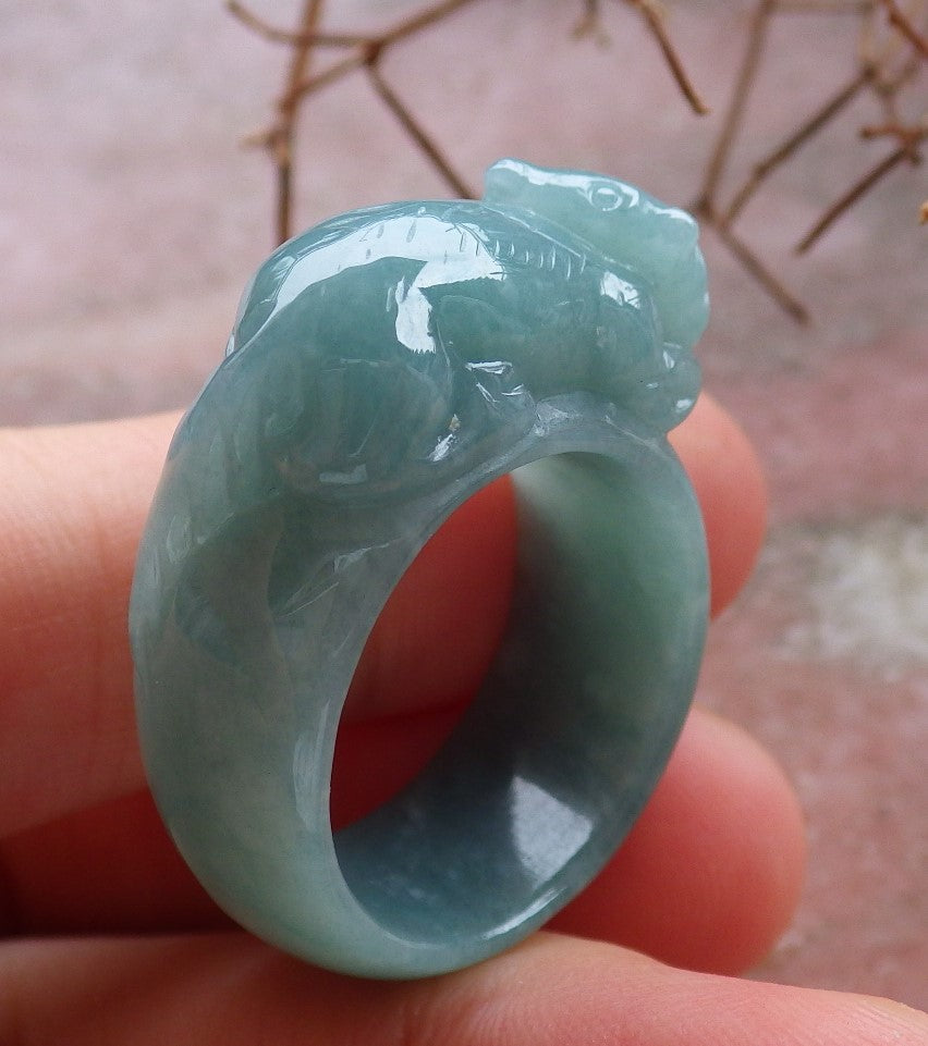 Certified Hand Carved Icy Green Natural Myanmar Burma A JADE Jadeite Zodiac Mouse Ring US 8.5