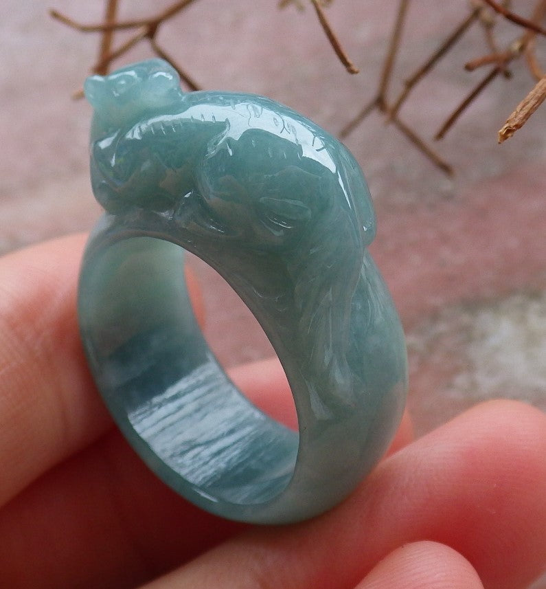 Certified Hand Carved Icy Green Natural Myanmar Burma A JADE Jadeite Zodiac Mouse Ring US 8.5