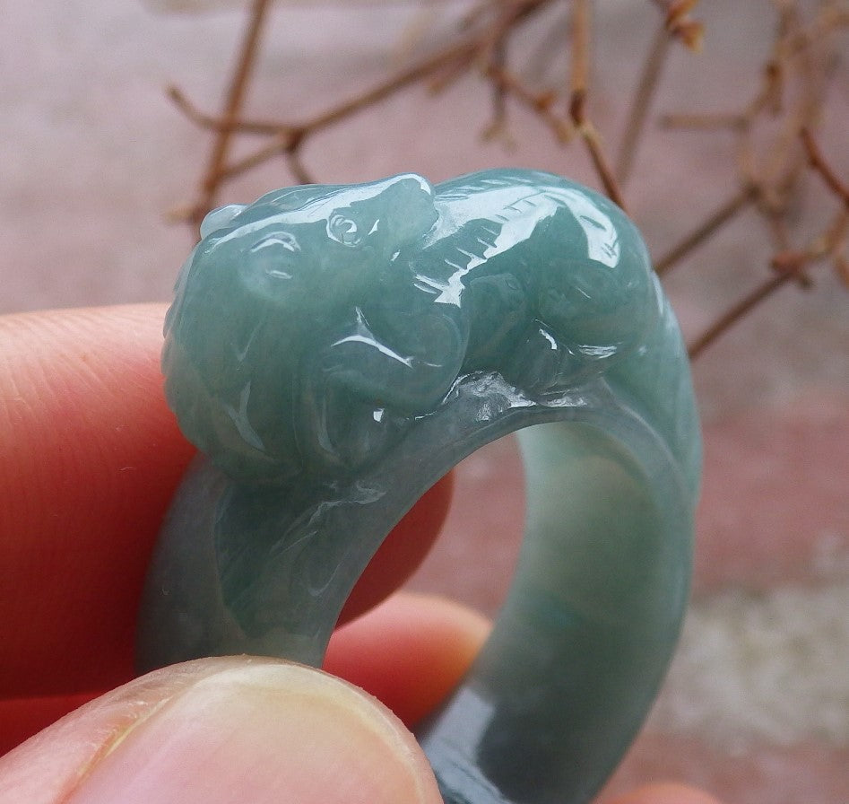 Certified Hand Carved Icy Green Natural Myanmar Burma A JADE Jadeite Zodiac Mouse Ring US 8.5