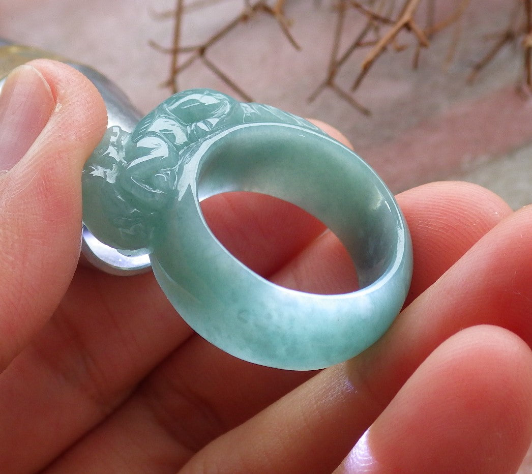 Certified Hand Carved Icy Green Natural Myanmar Burma A JADE Jadeite Zodiac Mouse Ring US 8.5