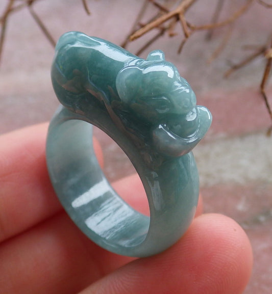 Certified Hand Carved Green Natural Myanmar Burma A JADE Jadeite Zodiac Pig Boar Ring US 8.75