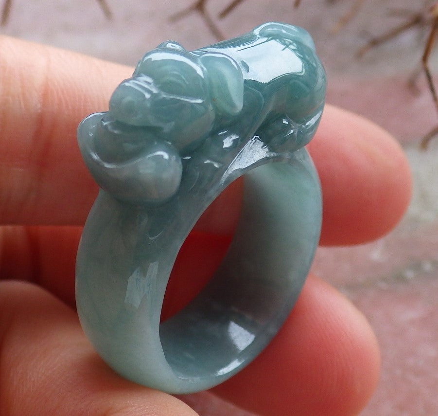 Certified Hand Carved Green Natural Myanmar Burma A JADE Jadeite Zodiac Pig Boar Ring US 8.75