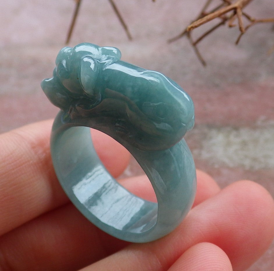 Certified Hand Carved Green Natural Myanmar Burma A JADE Jadeite Zodiac Pig Boar Ring US 8.75