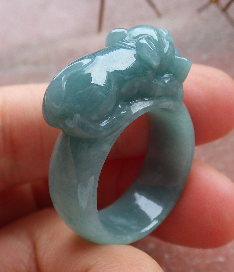 Certified Hand Carved Green Natural Myanmar Burma A JADE Jadeite Zodiac Pig Boar Ring US 8.75