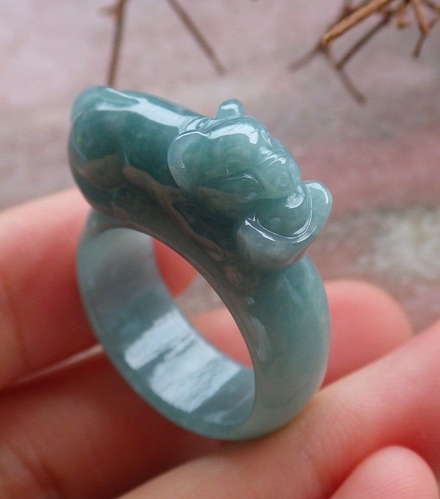 Certified Hand Carved Green Natural Myanmar Burma A JADE Jadeite Zodiac Pig Boar Ring US 8.75