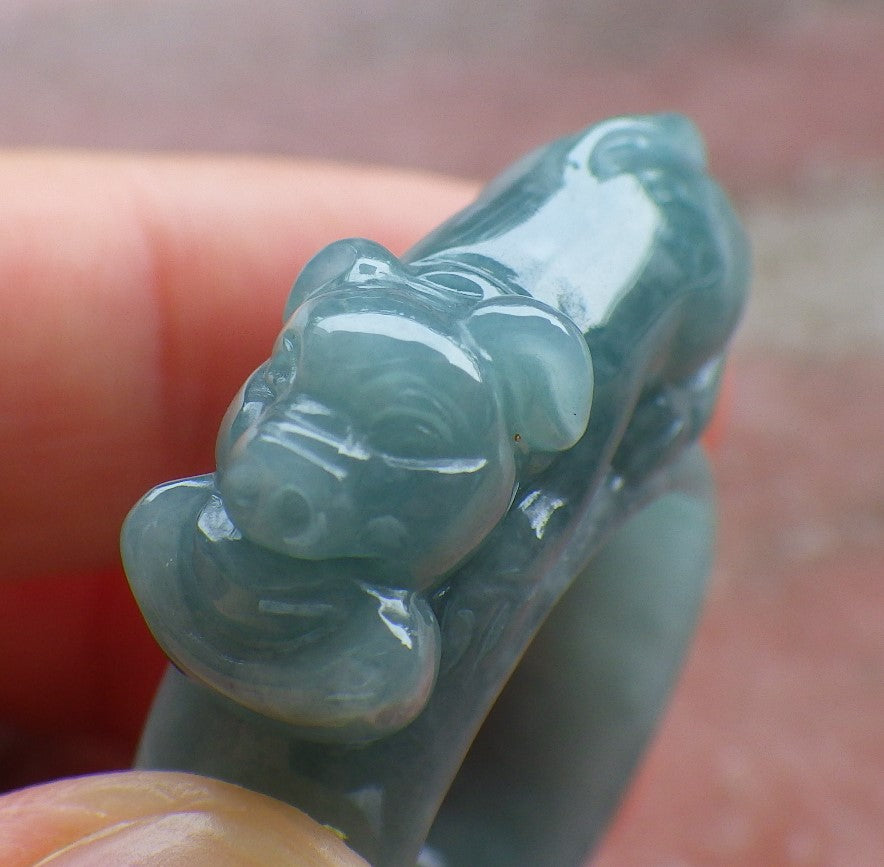 Certified Hand Carved Green Natural Myanmar Burma A JADE Jadeite Zodiac Pig Boar Ring US 8.75