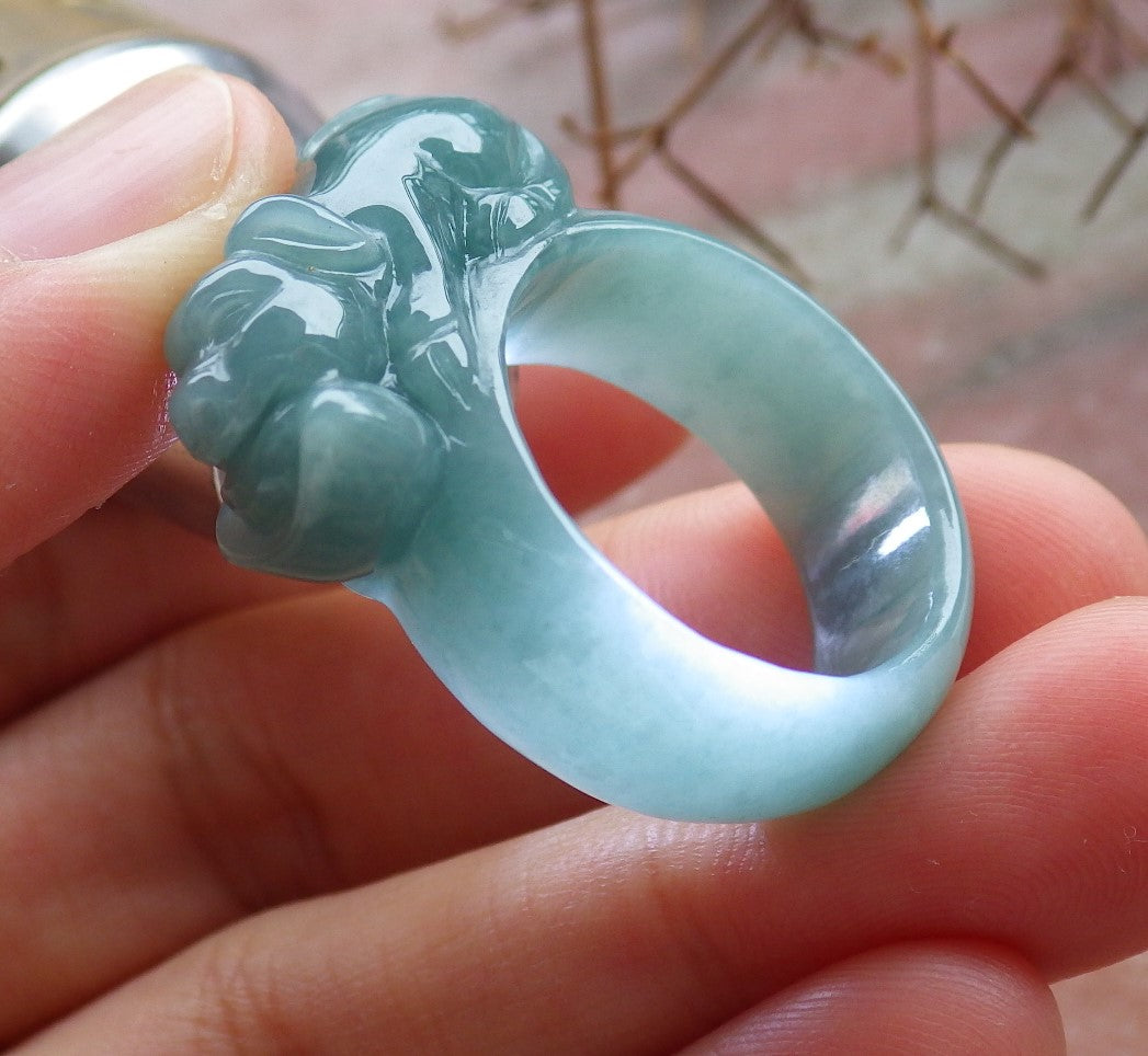 Certified Hand Carved Green Natural Myanmar Burma A JADE Jadeite Zodiac Pig Boar Ring US 8.75