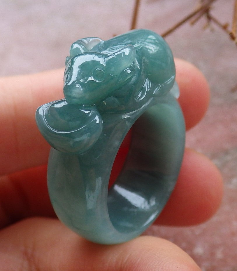 Certified Hand Carved Icy Green Natural Myanmar Burma A JADE Jadeite Zodiac Cow OX Ring US 8.75