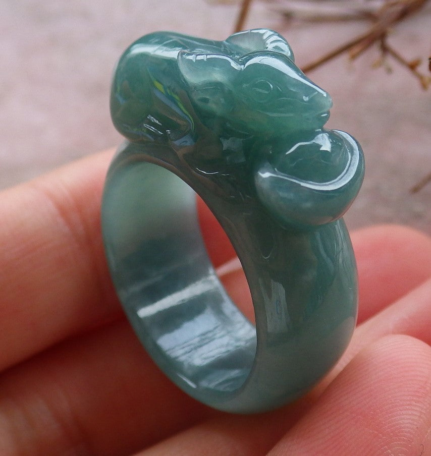 Certified Hand Carved Icy Green Natural Myanmar Burma A JADE Jadeite Zodiac Cow OX Ring US 8.75