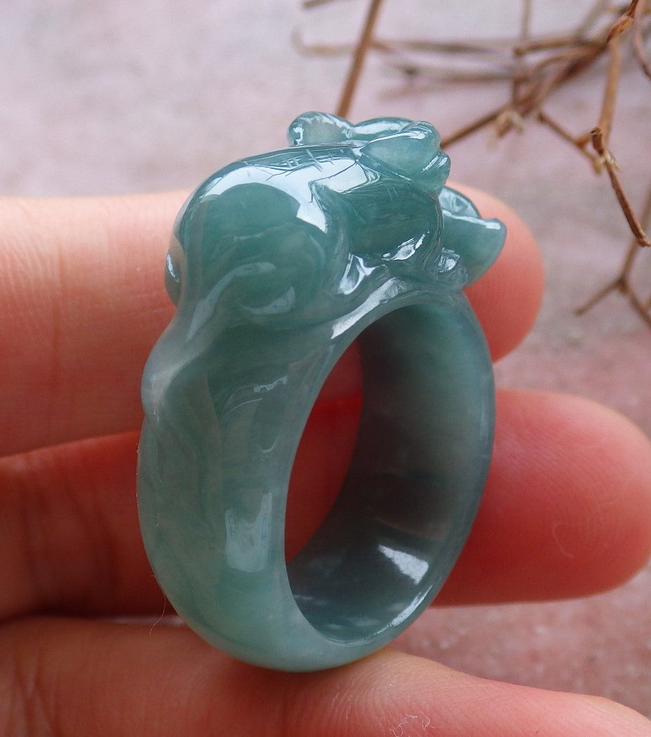 Certified Hand Carved Icy Green Natural Myanmar Burma A JADE Jadeite Zodiac Cow OX Ring US 8.75