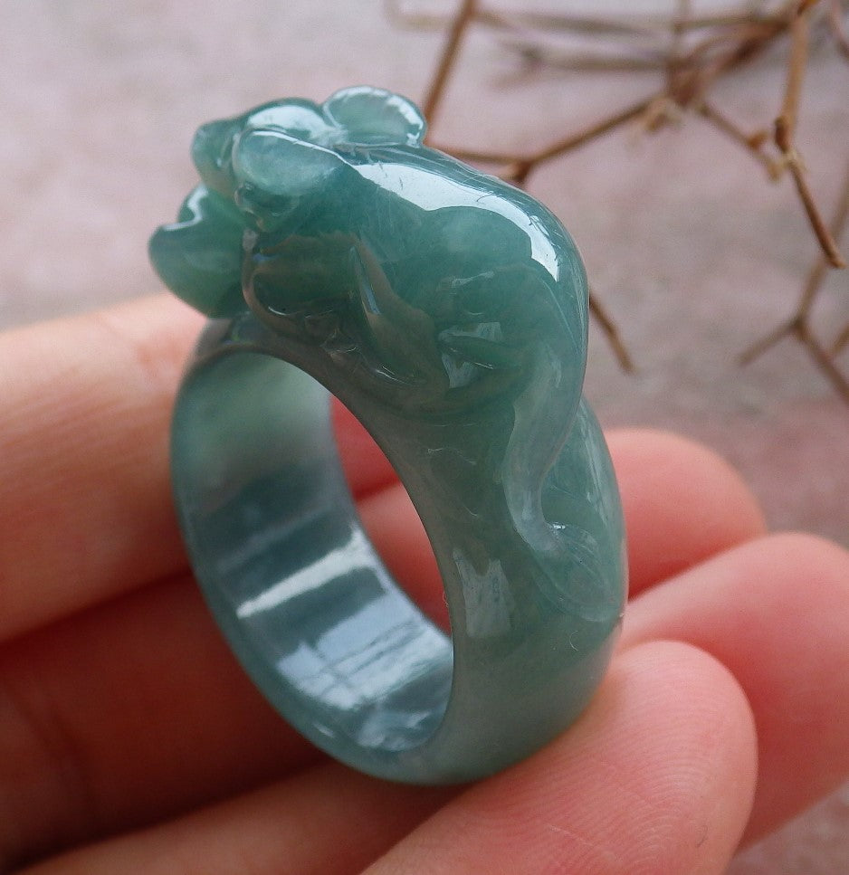 Certified Hand Carved Icy Green Natural Myanmar Burma A JADE Jadeite Zodiac Cow OX Ring US 8.75