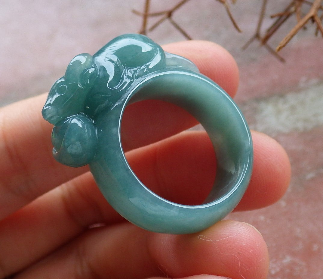 Certified Hand Carved Icy Green Natural Myanmar Burma A JADE Jadeite Zodiac Cow OX Ring US 8.75