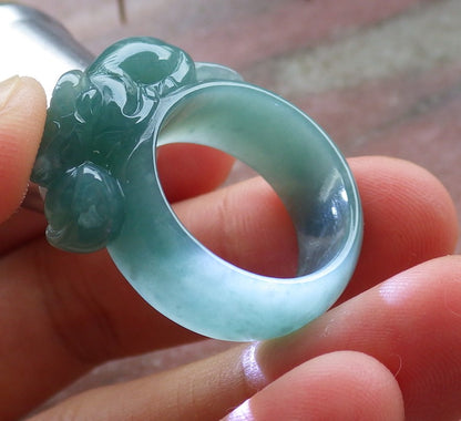 Certified Hand Carved Icy Green Natural Myanmar Burma A JADE Jadeite Zodiac Cow OX Ring US 8.75