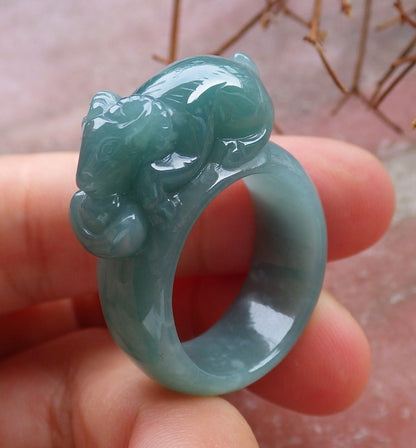 Certified Hand Carved Icy Green Natural Myanmar Burma A JADE Jadeite Zodiac Sheep Ring US 8.5