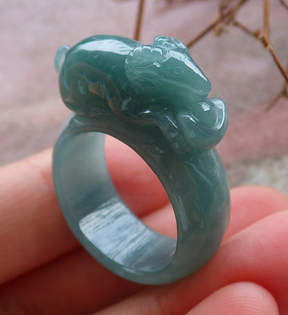 Certified Hand Carved Icy Green Natural Myanmar Burma A JADE Jadeite Zodiac Sheep Ring US 8.5