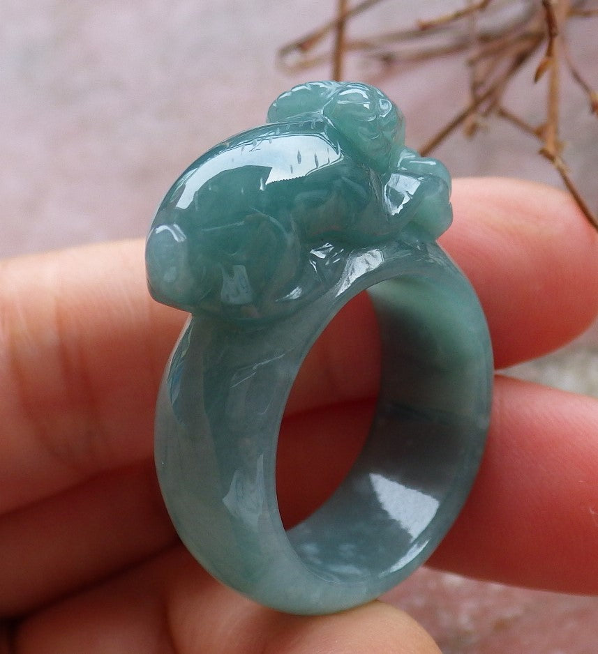 Certified Hand Carved Icy Green Natural Myanmar Burma A JADE Jadeite Zodiac Sheep Ring US 8.5