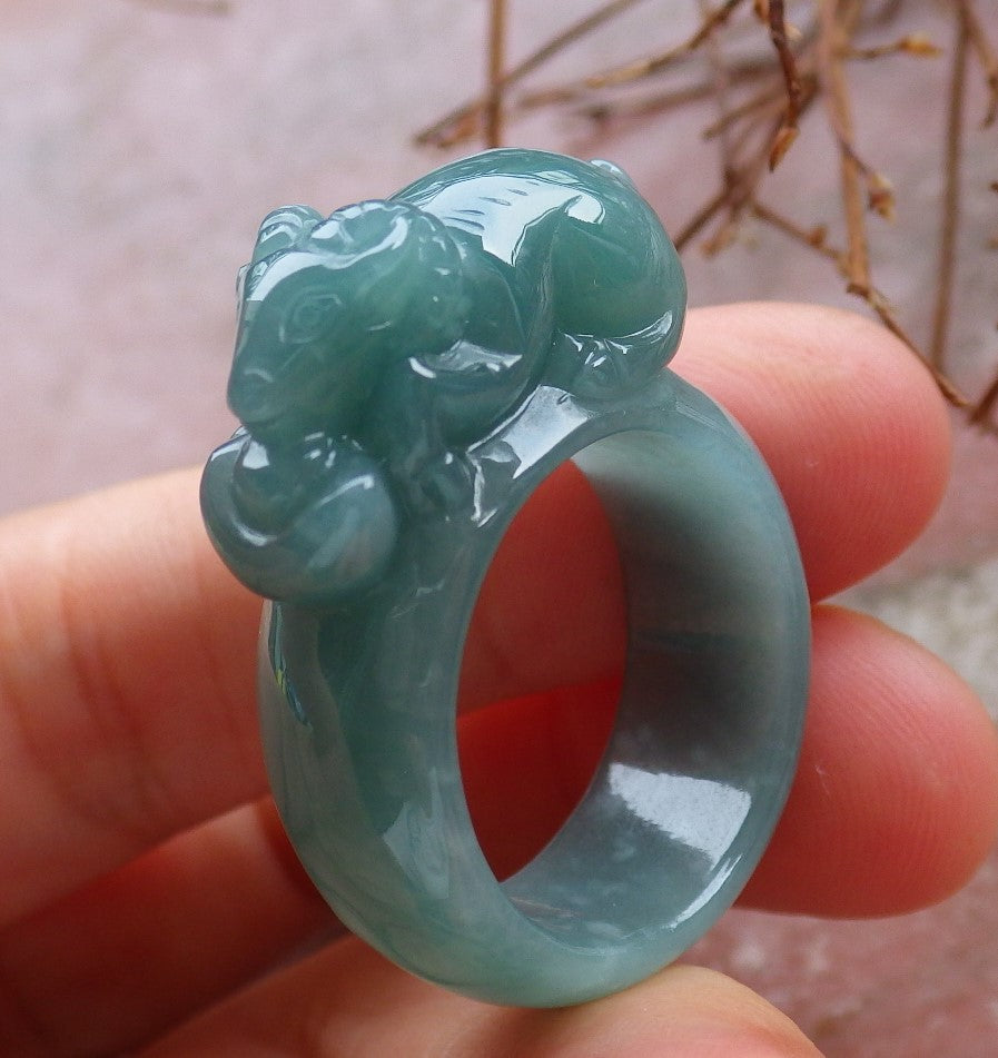 Certified Hand Carved Icy Green Natural Myanmar Burma A JADE Jadeite Zodiac Sheep Ring US 8.5