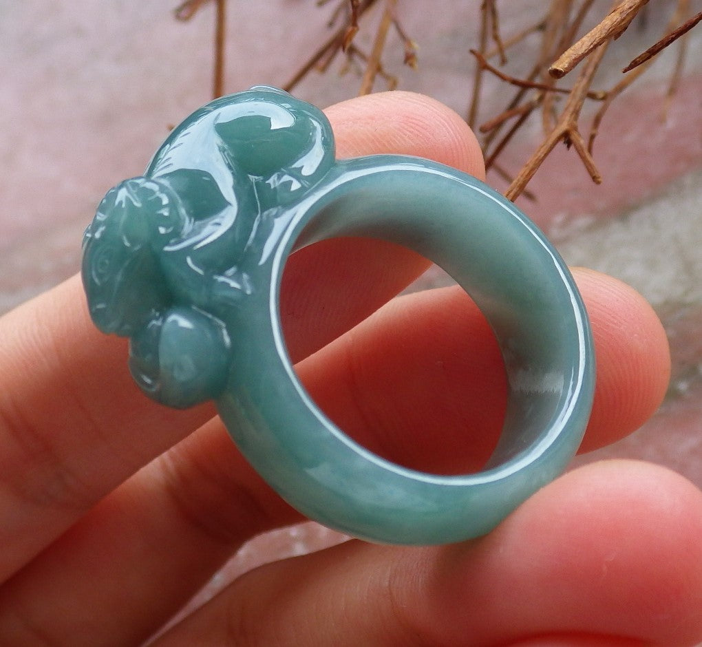 Certified Hand Carved Icy Green Natural Myanmar Burma A JADE Jadeite Zodiac Sheep Ring US 8.5