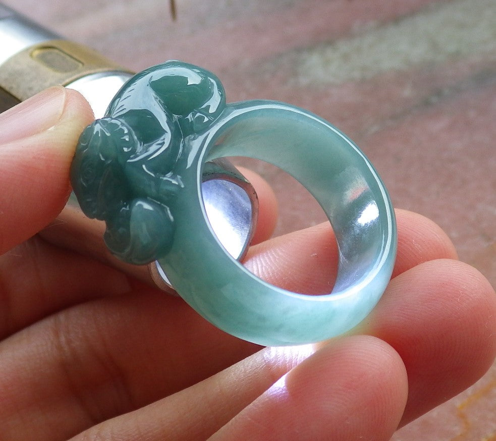 Certified Hand Carved Icy Green Natural Myanmar Burma A JADE Jadeite Zodiac Sheep Ring US 8.5