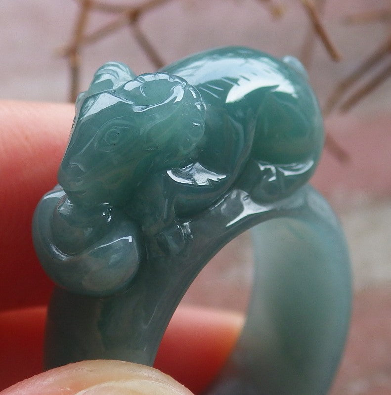 Certified Hand Carved Icy Green Natural Myanmar Burma A JADE Jadeite Zodiac Sheep Ring US 8.5