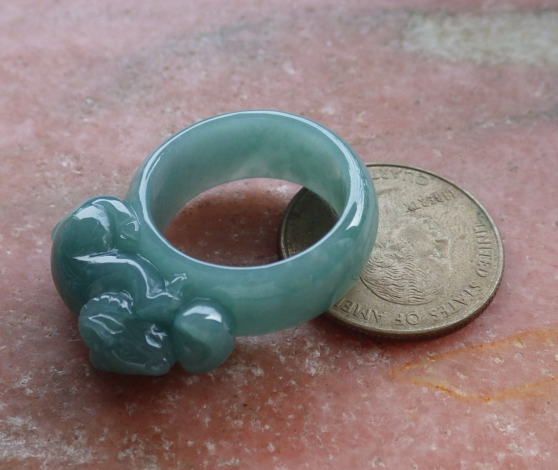 Certified Hand Carved Icy Green Natural Myanmar Burma A JADE Jadeite Zodiac Sheep Ring US 8.5