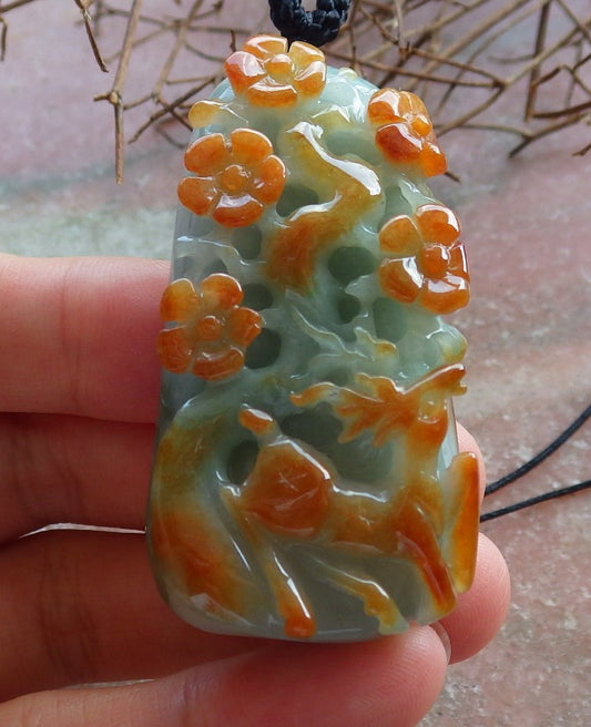 Certified Hand Carved Red Green Natural Myanmar Burma Grade A Jade jadeite Deer Flower Pendant Necklace