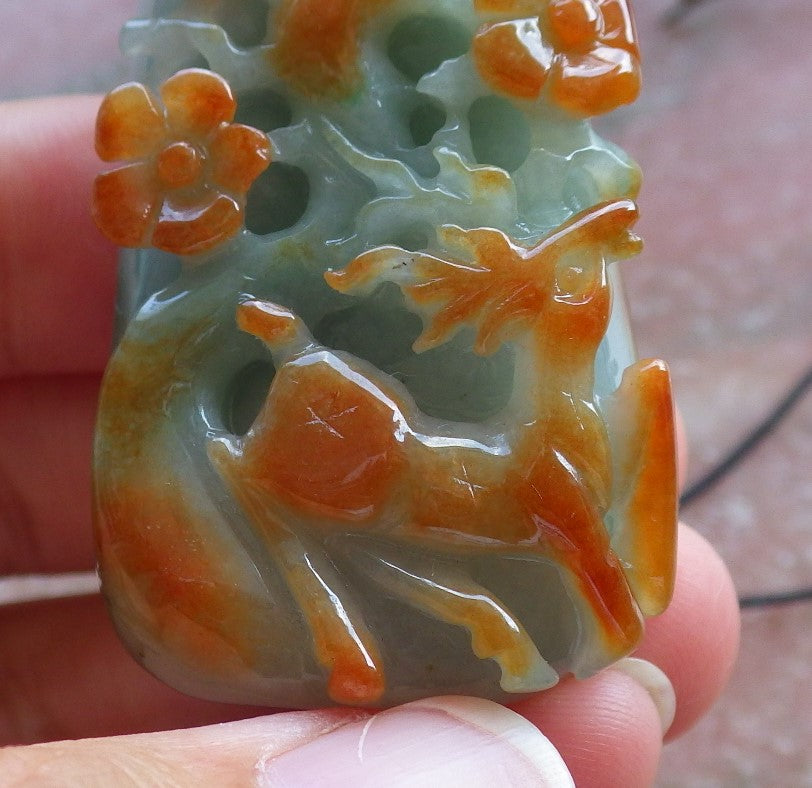 Certified Hand Carved Red Green Natural Myanmar Burma Grade A Jade jadeite Deer Flower Pendant Necklace