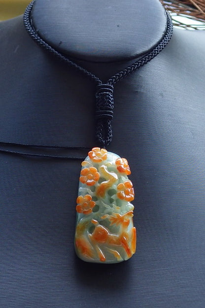 Certified Hand Carved Red Green Natural Myanmar Burma Grade A Jade jadeite Deer Flower Pendant Necklace