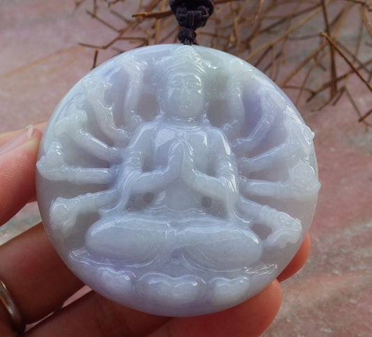 Certified Hand Carved Lavender Natural Myanmar Burma A Jade Jadeite 1000 Hand Guanyin Kwan yin Pendant Necklace