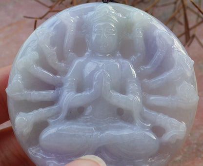 Certified Hand Carved Lavender Natural Myanmar Burma A Jade Jadeite 1000 Hand Guanyin Kwan yin Pendant Necklace