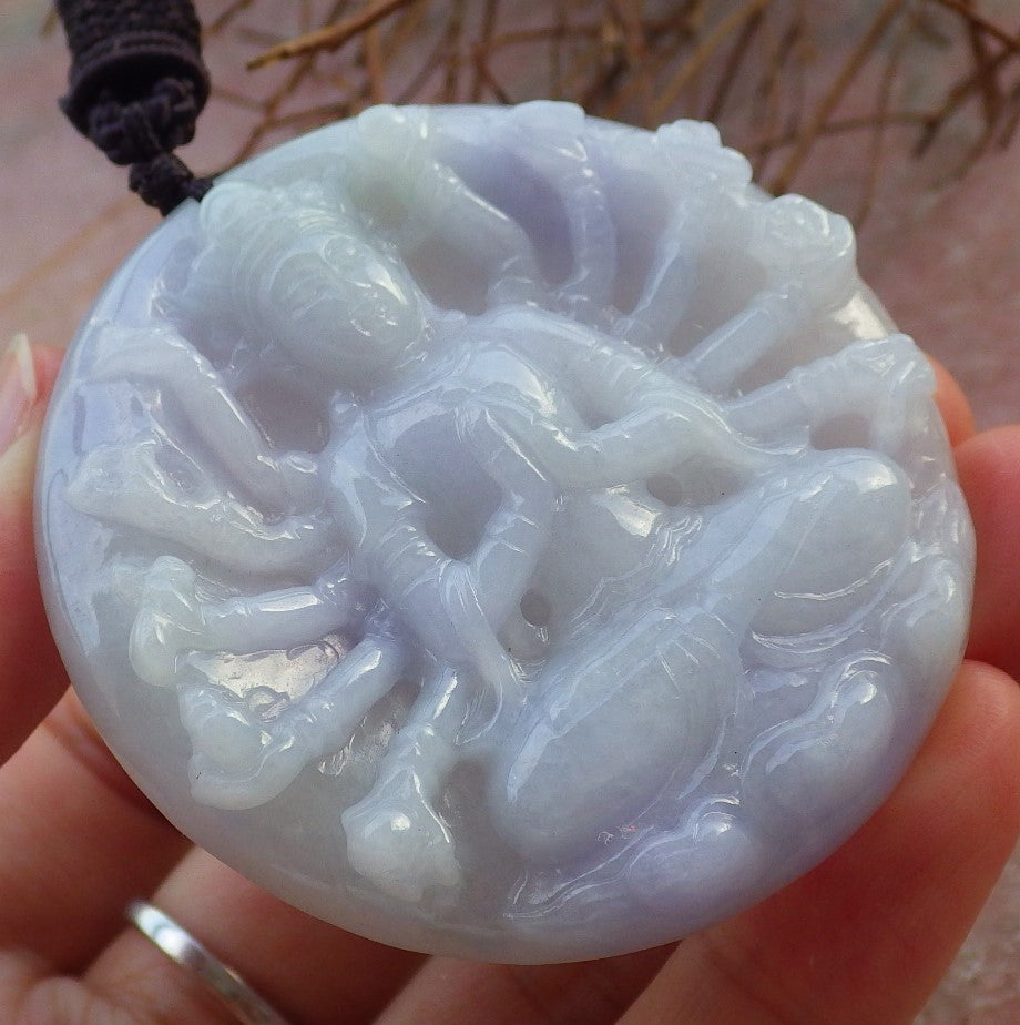 Certified Hand Carved Lavender Natural Myanmar Burma A Jade Jadeite 1000 Hand Guanyin Kwan yin Pendant Necklace