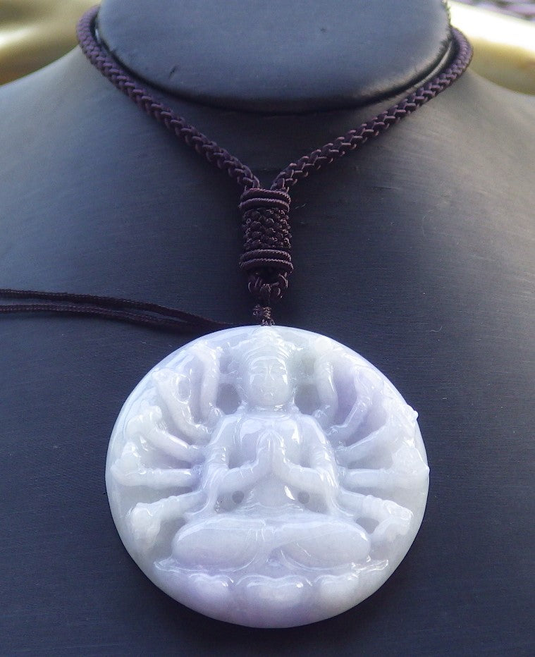 Certified Hand Carved Lavender Natural Myanmar Burma A Jade Jadeite 1000 Hand Guanyin Kwan yin Pendant Necklace