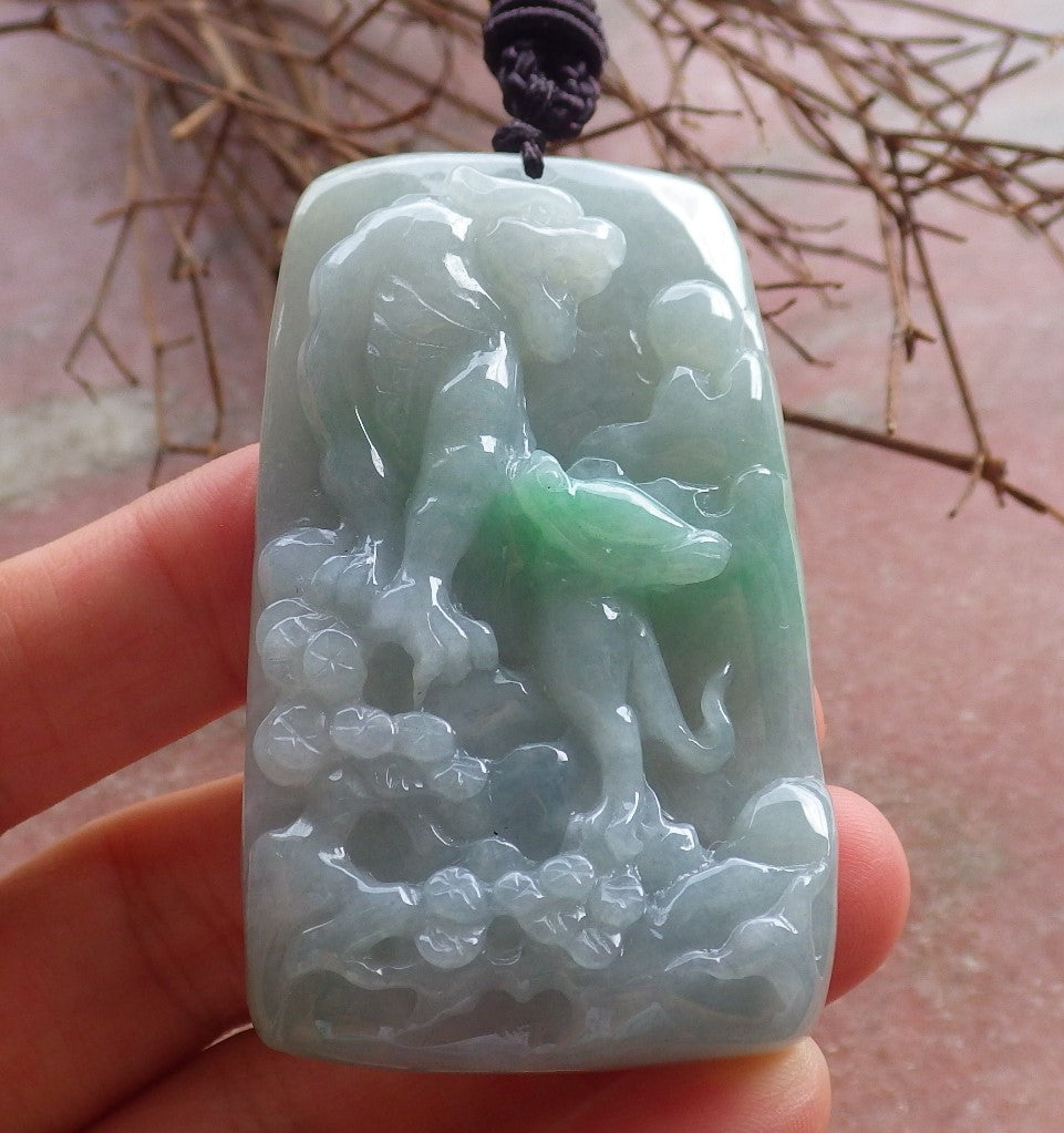 Certified Hand Carved Green Natural Myanmar Burma A Jade Landscape Painting Tiger Zodiac Pendant Necklace