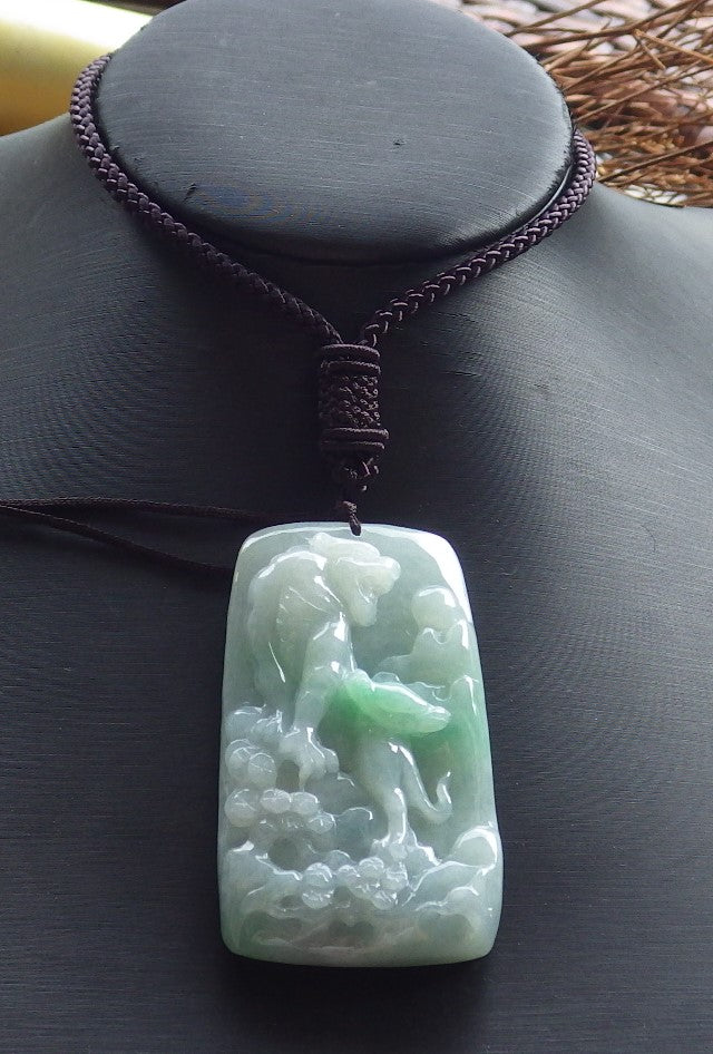 Certified Hand Carved Green Natural Myanmar Burma A Jade Landscape Painting Tiger Zodiac Pendant Necklace