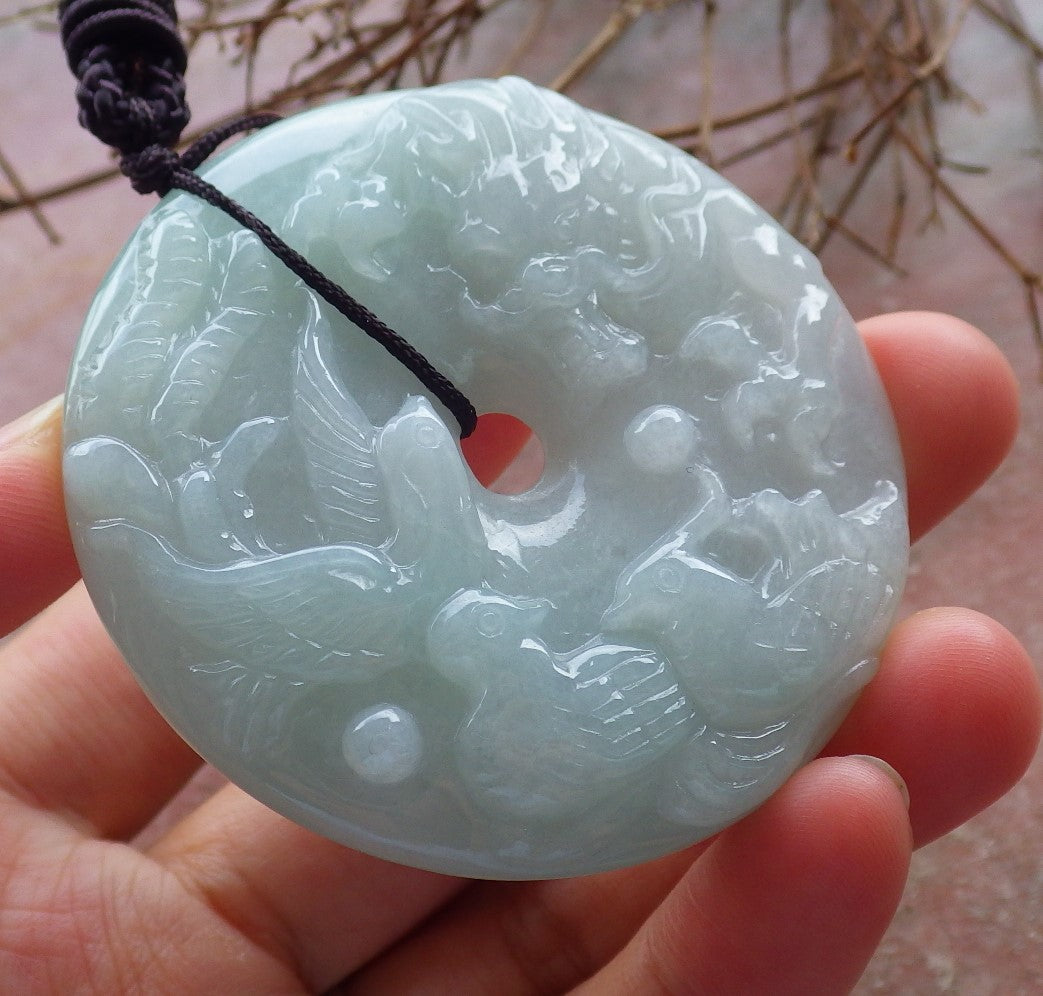 Certified Hand Carved Natural Myanmar Burma A Jade jadeite Mandarin Duck Dragon Phoenix Pendant Necklace